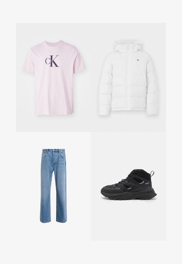 Valge polsterdatud jakk kapuutsiga, ees lukk, küljetaskud ja väike must "cK" logo rinnal.; Heled roosa puuvillane T-särk klassikalise ümarate kaelustega ja lühikeste varrukatega, mille esiküljel on tume mereväe sinine logo 'cK' ja tekst 'Calvin Klein'.; Heledad sinine teksapüksid otse lõikega, viie taskuga, nupuga sulgemine, minimaalne kulumine ja kontrastsed õmbluse detailid.; Mustad matkajalatsid, millel on kihiline disain, tekstureeritud kangas ja kummist tallad, tugevduskohtadega ning sidumisfront.