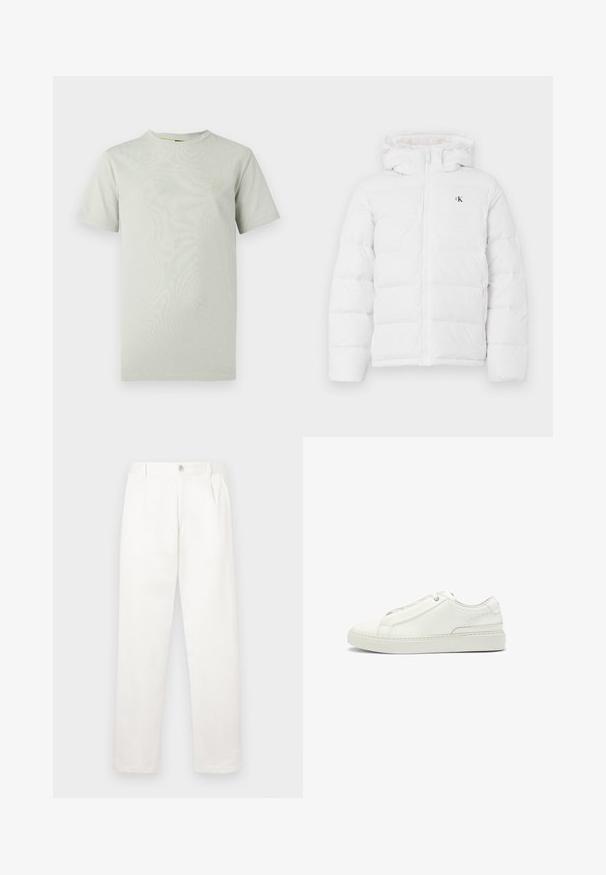 White padded jacket with hood, front zipper, side pockets, and small black "cK" logo on the chest.; Light green short-sleeve t-shirt in soft, smooth cotton with a round neckline and a small logo patch on the left chest.; White trousers made from smooth fabric, featuring a straight leg design, front pleats, and a single button closure at the waist.; White leather sneaker featuring a textured upper, a round toe, minimalistic design, and a rubber sole with stitched detailing.