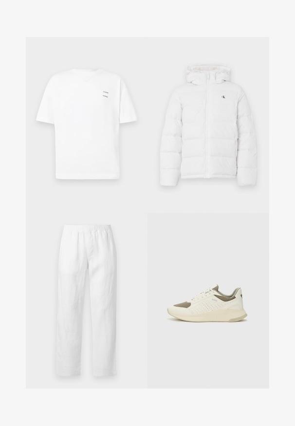 Casaco branco acolchoado com capuz, zíper frontal, bolsos laterais e pequeno logótipo "cK" preto no peito.; T-shirt branca de algodão com um corte relaxado, mangas curtas e decote em V. Apresenta dois pequenos logótipos pretos impressos do lado esquerdo.; Calças de linho branco com cintura elástica, corte reto e textura suave, sem padrões visíveis ou detalhes de ferragens.; Sapatilha atlética branca e bege claro, com parte superior em malha, detalhes perfurados e uma entressola texturizada com marcação no calcanhar.