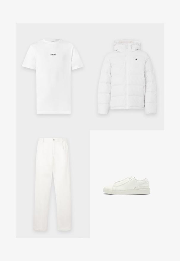 White padded jacket with hood, front zipper, side pockets, and small black "cK" logo on the chest.; White cotton t-shirt with a round neckline and short sleeves. Features a small black "Boss Club" logo centered on the chest.; White trousers made from smooth fabric, featuring a straight leg design, front pleats, and a single button closure at the waist.; White leather sneaker featuring a textured upper, a round toe, minimalistic design, and a rubber sole with stitched detailing.