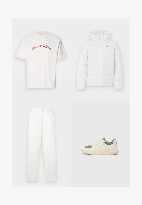 Hvit polstret jakke med hette, frontlomme, sidelommer og lite svart "cK"-logo på brystet.; Hvit bomulls t-skjorte med korte ermer og bueformet rød brodert tekst "calvin klein" over brystet. Klassisk crew neck-design.; Hvite bukser laget av glatt stoff, med rett ben-design, frontfolder og en enkelt knappelukking i livet.; Hvit og lysebeige treningssko, med en mesh-overdel, perforerte detaljer og en teksturert mellomsåle med merkevare på hælen.