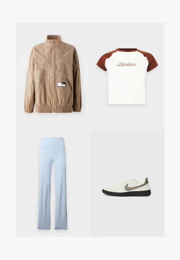 Light brown nylon jacket with a high collar, zipper closure, elastic cuffs, and a front pocket. Features textured patterns and a logo patch.; Short-sleeve t-shirt with a white body and brown raglan sleeves. Features "Dickies" in stylized stitching across the chest. Smooth texture.; Light blue flared yoga pants with a wide waistband, smooth texture, and subtle brand logo near the hip. No patterns or hardware details.; Nike Sportswear FIELD GENERAL - Trainers - off-white/black