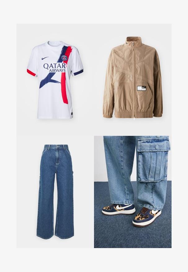 Svetlo rjava najlon jakna z visokim ovratnikom, zadrgo, elastičnimi manšetami in sprednjim žepom. Ima tekturne vzorce in oznako s logotipom.; Bela športna majica s rdečimi in modrimi črtami. Ima krožni ovratnik, kratke rokave in tiskano obliko logotipa na prsih.; Široke modre denim hlače z visokim pasom, kontrastnim šivom in stranskimi žepi, ki vključujejo klasičen pet-džepni dizajn in robove brez obdelave.; Temno modre teniske z leopardjim vzorcem, bel Nike znak, rjave vezalke in bela podloga. V kombinaciji z svetlim denim krojačkim hlačami.