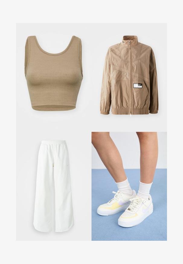 Šviesiai rudos nailono striukė su aukštu apykakle, užtrauktuku, elastiniais rankogaliais ir priekiu skirta kišenei. Puošia tekstūruoti raštai ir logotipo aplikacija.; Bežinis trumpas maikutis, pagamintas iš tekstūruoto mezginio, su apvalia iškirpte ir plačiomis rankovėmis, pasižymintis švariu ir paprastu kirpimu, be užsegimų.; Balti sportiniai keliai su platėjančiomis kojomis, su įtemptu juosmeniu ir subtilia logotipo detale. Lygus audinys, laisvas kirpimas ir siaurėjantis apatinis kraštas.; Baltos odinės sportbačiai su geltonais ir levandų akcentais, apvaliu pirštu, plokščiomis raišteliais ir tekstūruota guma. Dėvimi su baltais kojinėmis.