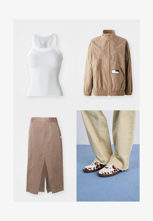 Light brown nylon jacket with a high collar, zipper closure, elastic cuffs, and a front pocket. Features textured patterns and a logo patch.; White ribbed tank top with a fitted design, racerback straps, and a textured fabric. Rounded neckline and hem with slight scallop detail.; Brown cotton skirt with a straight design, featuring a front split, side pockets, and a standard waistband. Smooth texture and tailored seams.; White and brown patterned sneakers with mesh and leather, featuring brown rubber soles. Paired with light beige wide-leg pants.