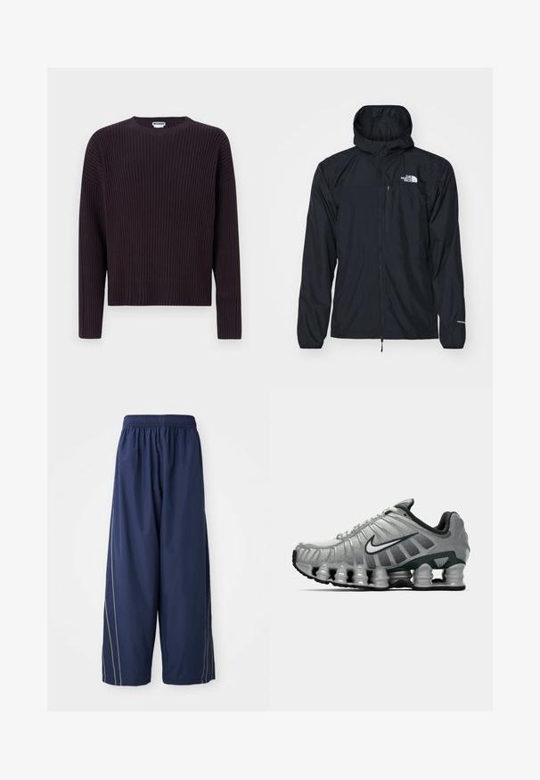 Zwarte waterdichte jas met een capuchon, een ritssluiting aan de voorkant, elastische manchetten en een klein borstzakje. Bevat het "The North Face" logo in het wit.; Donkerpaars geribbeld gebreid truitje met een ronde halslijn en lange mouwen, gekenmerkt door een losse pasvorm en een gestructureerde stof.; Marineblauwe, comfortabele broek met een elastische tailleband en zijkanten in een lichtere tint. Gemaakt van glad, lichtgewicht materiaal.; Grijze en zwarte Nike hardloopschoen met zichtbare veerachtige demping onder de zool en een wit swoosh-logo aan de zijkant.