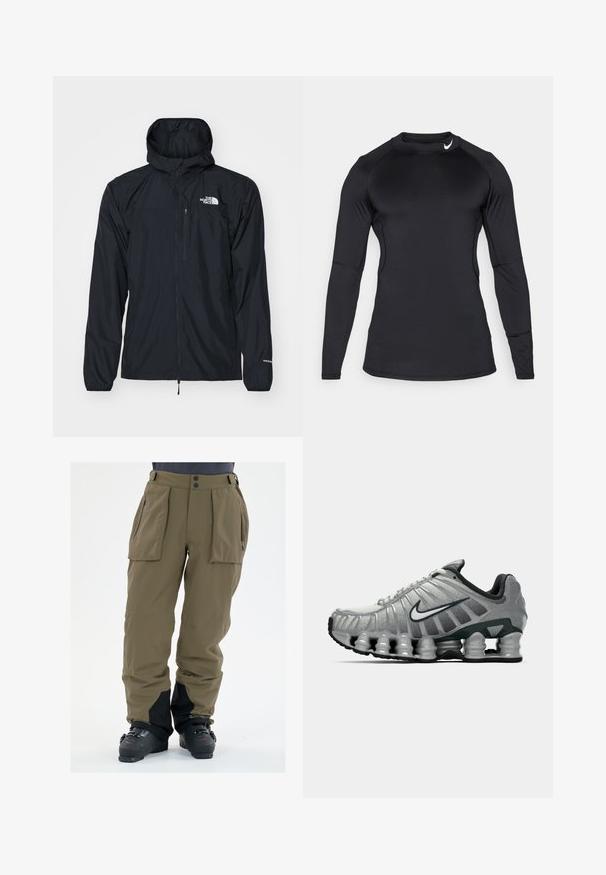Zwarte waterdichte jas met een capuchon, een ritssluiting aan de voorkant, elastische manchetten en een klein borstzakje. Bevat het "The North Face" logo in het wit.; Zwart sportshirt met lange mouwen, gemaakt van gladde, rekbare stof met een ronde halslijn en een discreet logo op de bovenste linkerkant.; Olijfgroene sneeuwbroeken van waterdicht materiaal, met zijvakken, met rits sluitende handzakken en een zwarte onderkant.; Grijze en zwarte Nike hardloopschoen met zichtbare veerachtige demping onder de zool en een wit swoosh-logo aan de zijkant.