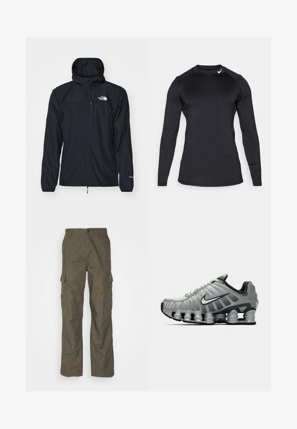 Veste noire imperméable avec capuche, fermeture éclair sur le devant, poignets élastiques et une petite poche sur la poitrine. Présente le logo "The North Face" en blanc.; T-shirt de sport noir à manches longues, en tissu lisse et extensible, avec un col rond et un logo discret en haut à gauche.; Pantalons cargo olive avec une coupe droite, fabriqués en tissu texturé. Présente de grandes poches latérales et une fermeture à bouton.; Chaussure de course Nike grise et noire avec un coussin de type ressort visible sous la semelle et un logo swoosh blanc sur le côté.