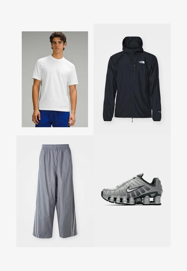 Black waterproof jacket with a hood, zippered front, elastic cuffs, and a small chest pocket. Features "The North Face" logo in white.; White short-sleeve t-shirt with a crew neck, smooth texture, and no visible patterns or logos, worn with blue athletic pants.; Gray, lightweight, synthetic wide-leg pants with an elastic waistband and white side stripes. Smooth texture with a casual design.; Grey and black Nike running shoe with visible spring-like cushioning under the sole and a white swoosh logo on the side.