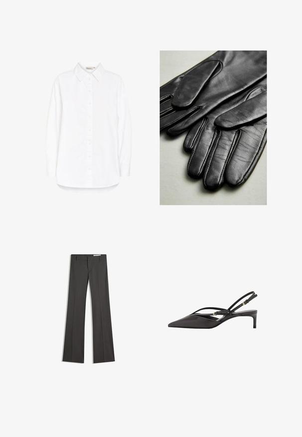 Ruskea tekoturkis takki, jossa on leveä kaulus, pitkät hihat ja keskikokoinen malli. Tekstuurin ulkopinta on pehmeä ja tuuhea, luoden luksusmaisen ilmeen.; Valkoinen napillinen paita, jossa on pistekaulus, pitkät hihat ja kaareva helma. Valmistettu sileästä, kevyestä kankaasta. Hieman kiiltävä pinta.; Harmaat leveät housut sileästä kankaasta, joissa on litteä etuosa, vyölenkit ja räätälöity muotoilu siisteillä linjoilla.; Mustat nahkaiset slingback-korkokengät, joissa on terävä pää, hoikat nilkkahihnat ja matala stiletto-korko. Sujuva pinta ja minimalistinen muotoilu.; Mustat nahkahanskat, joissa on sileä pinta, ompeleet sormien kohdalla ja muotoilultaan istuva malli. Pehmeä, joustava materiaali mukavuutta varten.