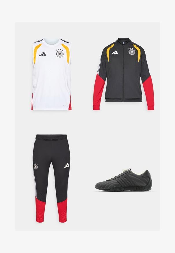 Black jacket with red and yellow accents, featuring three white stripes on sleeves and German team emblem on chest, made of lightweight fabric.; White sleeveless jersey with black accents, yellow and red side panels, featuring a logo and four stars above it, and "Climacool" label.; Black athletic pants with red lower accents, white side stripes, featuring a round logo and four stars on the left thigh. Made from stretchy material.; adidas Originals ADIRACER UNISEX - Trainers - core black/cream white