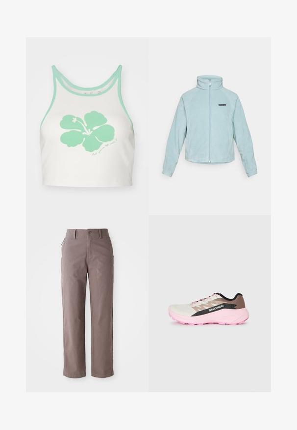 Giacca in pile azzurro chiaro con colletto alto, zip centrale e design con pannelli laterali. Presenta una toppa nera con logo sul lato sinistro del petto.; Top corto bianco con rifiniture verde menta e una grande grafica di un fiore ibisco verde menta sul davanti, con un dettaglio di testo scritto a mano sotto.; Pantaloni in twill di cotone marrone con taglio dritto, caratterizzati da una chiusura frontale con bottone e tasche laterali, texture liscia e linee pulite.; Scarpa da corsa leggera in bianco, marrone e rosa. Presenta una tomaia traspirante, accenti grigi testurizzati e una suola in gomma rosa.