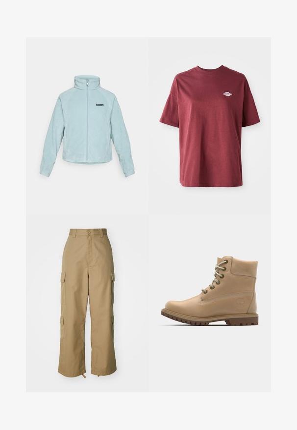 Chaqueta de forro polar azul claro con un collar alto, cierre central y diseño de panel lateral. Presenta un parche de logo negro en el lado izquierdo del pecho.; Camiseta de algodón burdeos con cuello redondo, mangas cortas y un pequeño logo blanco en el lado izquierdo del pecho. Textura suave, corte relajado.; Pantalones cargo beige con cintura alta, piernas amplias y cuatro grandes bolsillos laterales. Fabricados con un tejido duradero y una textura suave, con un detalle mínimo.; Botín de piel beige hasta el tobillo con punta redonda, cordones beige y suela resistente. Presenta costura lateral y un logo circular en el tacón.