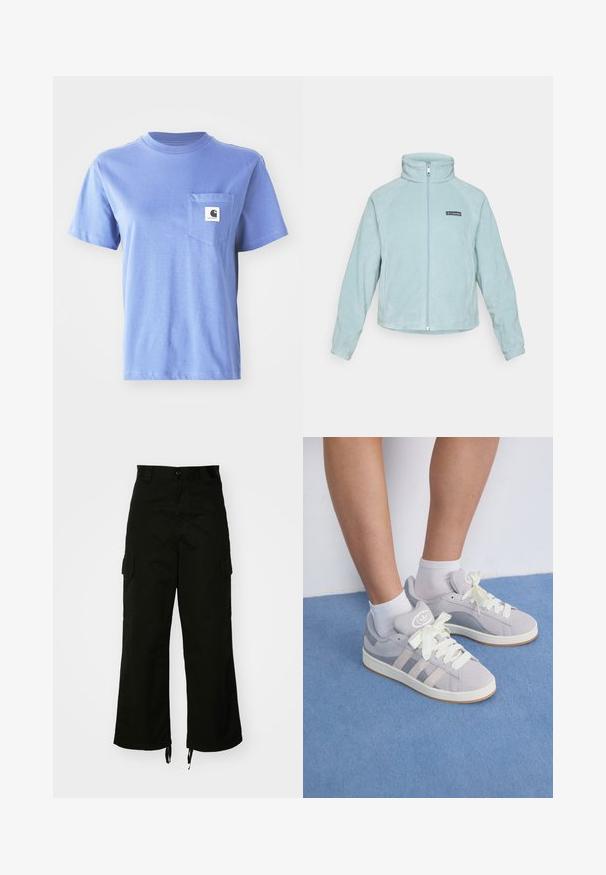 Lyseblå fleecejakke med høj krave, central lynlås og sidelægsdesign. Har et sort logo-patch på venstre bryst.; Lyseblå bomulds t-shirt med rund hals, korte ærmer, brystlomme og et lille logo mærke på lommen.; Sorte cargobukser lavet af bomuld, med brede ben, sidelommer og snoretræk i kanten. Designet inkluderer en knaplukning i taljen.; Grå ruskinds sneakers med hvide snørebånd og gummisål, udstyret med tre diagonale striber på siden og et logo-patch på tungen.