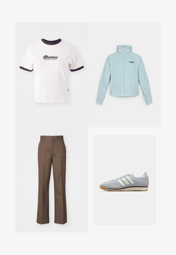 Šviesiai mėlynas flisinis džemperis su aukštu apykakle, centriniu užtrauktuku ir šoninių panelių dizainu. Savyje turi juodą logotipo etiketes kairėje krūtinės pusėje.; Baltos marškinėliai su tamsiai mėlynais raštuotais apykakle ir rankovėmis. Savyje turi didelį grafikos tekstą tamsiai mėlyna spalva, "Dickies WORKWEAR COMPANY."; Rudos medvilnės kelnes su tiesiomis kojomis, turinčiomis lygų priekį ir diržo kilpas. Lygus paviršius, be matomų raštų ar akcentų.; Šviesiai mėlyni veliūriniai sportbačiai su baltomis trimis juostelėmis, guminis pado ir tekstūruota tinklinė medžiaga. Yra glotnus pirštų dangtelis ir ženklas ant kulno.