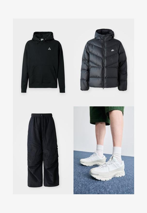 Mustapuffa takki hupulla, jossa on vetoketju edessä, viisto ompelu, sivutaskut ja Nike-logo rinnassa.; Mustapaita, joka on valmistettu pehmeästä materiaalista, jossa on etutasku, säädettävät narut ja pieni valkoinen logo rinnassa.; Kevyet mustat nailoniset cargo-housut, joissa on joustava vyötärö, säädettävä naru ja useita kerroksellisia taskuja jaloissa.; Valkoiset urheilukengät, joissa on tekstuuriset päällysteet, paksu pohja ja harmaat yksityiskohdat. Yhdistetty valkoisiin putkisukkiin ja vihreisiin shortseihin sinisellä pinnalla.