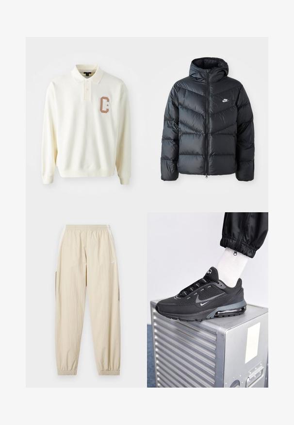 Chaqueta acolchada negra con capucha, con cierre de cremallera al frente, diseño de acolchado en forma de chevron, bolsillos laterales y logo de Nike en el pecho.; Polo de manga larga en color beige, fabricado en una tela suave, que presenta un cuello con botones y un parche tonal con una "C" y una estrella en el pecho.; Joggers ligeros color beige con cintura elástica, tobillos ajustados, bolsillos laterales y sutil logo de Nike en blanco en el muslo izquierdo.; Nike Sportswear PULSE - Zapatillas - black/anthracite