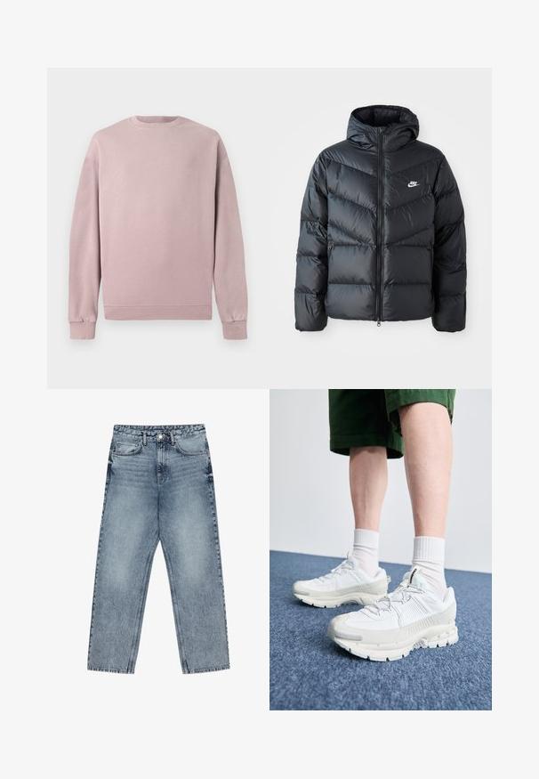 Giacca a vento nera con cappuccio, dotata di zip frontale, design a diamantini a zigzag, tasche laterali e logo Nike sul petto.; Felpa rosa chiaro con collo rotondo classico, polsini e orlo a coste. Realizzata in materiale morbido e testurizzato. Design semplice senza motivi.; Jeans in denim azzurro chiaro con taglio a gamba dritta, cuciture visibili, design a cinque tasche e chiusura a bottoni in vita.; Scarpe da ginnastica bianche con sovrapposizioni testurizzate, suola spessa e accenti grigi. Indossate con calze corte bianche e pantaloni corti verdi su una superficie blu.