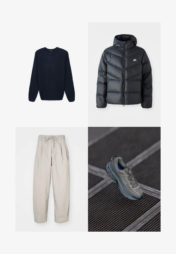 Schwarze Pufferjacke mit Kapuze, mit Reißverschluss vorne, Chevron-Steppdesign, Seiten Taschen und Nike-Logo auf der Brust.; Dunkelblauer Strickpullover mit Rundhalsausschnitt und langen Ärmeln, der ein strukturiertes Muster sowie gerippte Ärmelbündchen und Saum aufweist.; Beige, leichte Hose mit elastischem Bund und Zugband. Sie verfügt über Falten und eine lockere Passform, gefertigt aus weichem, glattem Stoff.; Beige und graue Sportschuhe mit strukturiertem Mesh-Obermaterial, runder Zehenkappe und Gummisohle, ausgestattet mit Schnürsenkeln und einem gepolsterten Schaft.
