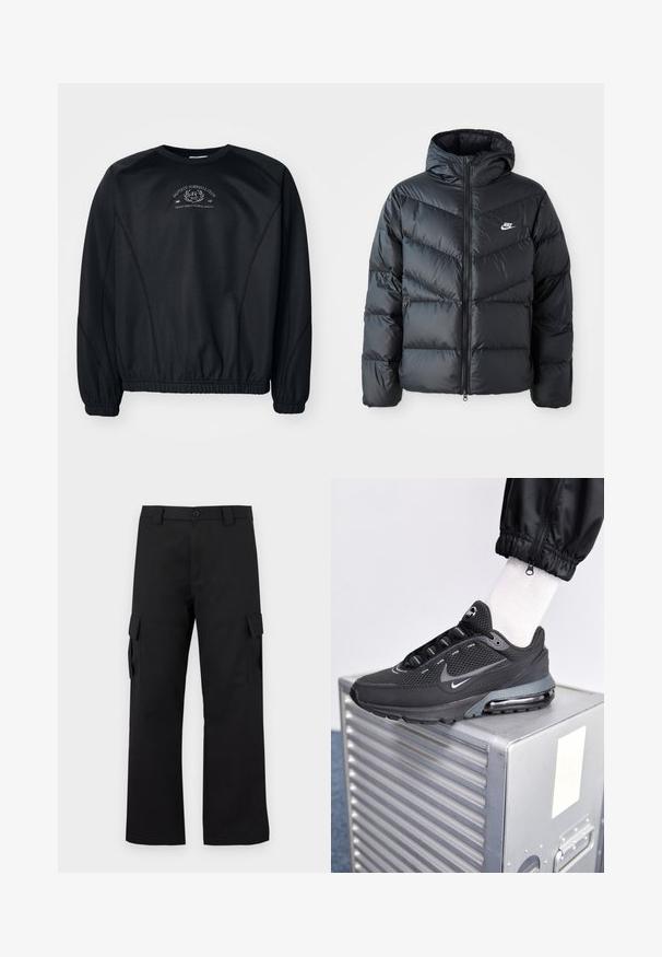 Zwarte pufferjack met capuchon, voorzien van een ritssluiting aan de voorkant, een chevron-quilt ontwerp, zijzakken en het Nike-logo op de borst.; Zwarte sweatshirt met ronde hals, ribgebreide manchetten en zoom. Bevat een subtiele grafische print op de borst en een gladde, lichtgetextureerde stof.; Zwarte cargobroek met een recht gesneden ontwerp. Gemaakt van duurzaam materiaal, met twee zijzakken met klep en een knoopsluiting.; Nike Sportswear PULSE - Sneakers laag - black/anthracite