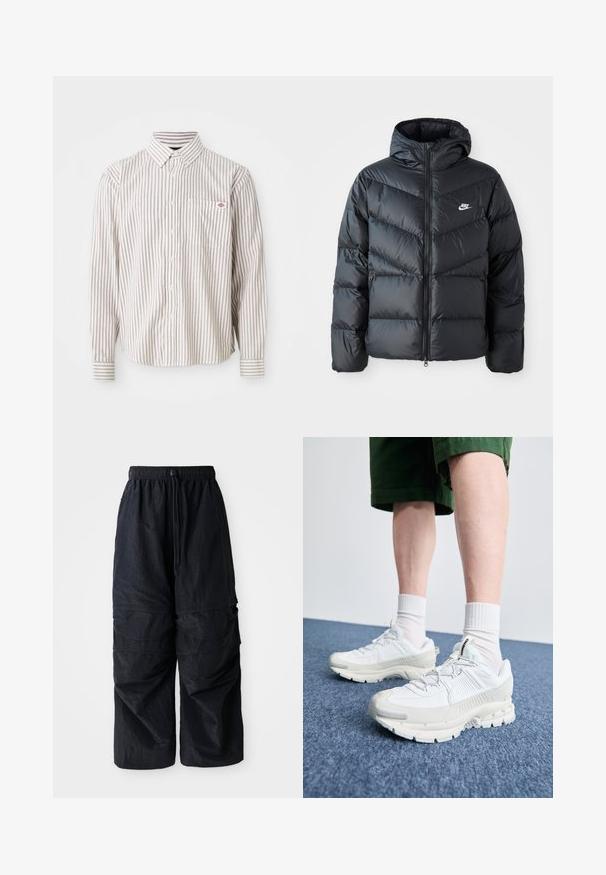 Fekete puffdzseki kapucnival, cipzáras elülső résszel, chevron quiltelt dizájnnal, oldalsó zsebekkel és Nike logóval a mellkasán.; Hosszú ujjú, fehér, gombos ing vékony, függőleges piros csíkokkal, amelyen egy kis piros és kék logóval ellátott mellzseb található.; Három fehér csíkos pamut trikó. Felső része kerek nyakkivágású, és a szegély közelében kis fekete címkék találhatók. Több méretben elérhető.; Fekete, könnyű nátron anyagú cargo nadrág, elasztikus derékpánttal, állítható húzózsinórral és több rétegű zsebekkel a lábakon.; Fehér sportcipők texturált burkolattal, vastag talppal és szürke részletekkel. Fehér sportzoknival és zöld rövidnadrággal viselve, kék felületen.