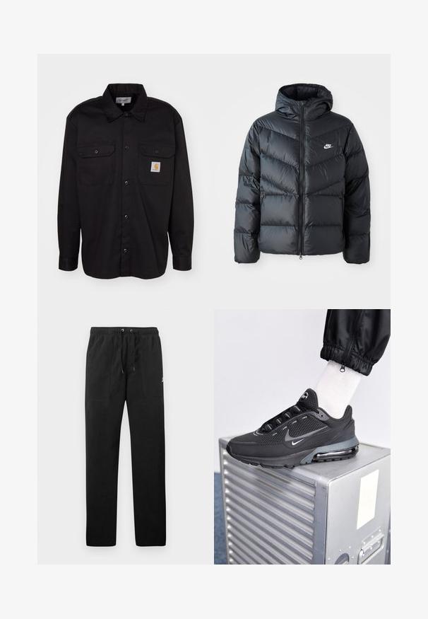 Chaqueta acolchada negra con capucha, con cierre de cremallera al frente, diseño de acolchado en forma de chevron, bolsillos laterales y logo de Nike en el pecho.; Camisa negra de botones con dos bolsillos en el pecho, hecha de tela resistente. Presenta un parche con el logo de Carhartt. Mangas largas con puños de botón.; Pantalones deportivos negros de felpa, con una cinturilla elástica con cordones, dos bolsillos delanteros y un pequeño logo en el muslo.; Nike Sportswear PULSE - Zapatillas - black/anthracite