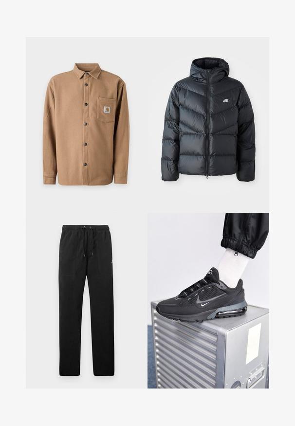 Černá péřová bunda s kapucí, která má zipový přední otvor, design s chevronovým prošíváním, boční kapsy a logo Nike na hrudi.; Hnědá flanelová košile s knoflíkovým zapínáním, dlouhými rukávy, jednou náprsní kapsou s logem a černými knoflíky. Měkká textura.; Černé teplákové kalhoty vyrobené z fleecu, s elastickým pasem a šňůrkami, dvěma předními kapsami a malým logem na stehně.; Nike Sportswear PULSE - Tenisky - black/anthracite