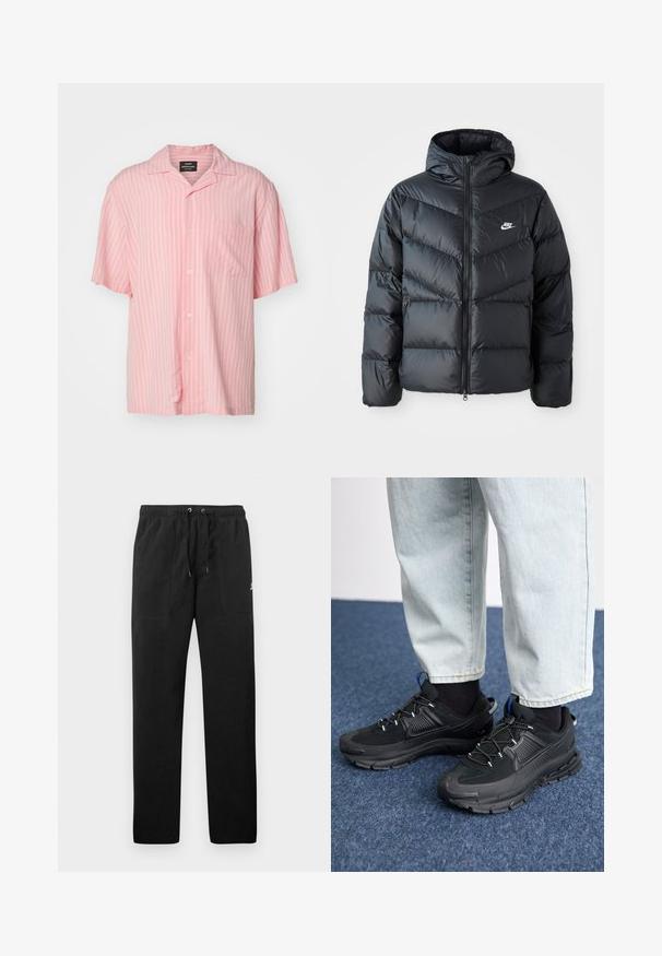 Melnā pūkaina jaka ar kapuci, ar rāvējslēdzēju priekšā, šķautņu šuvuma dizainu, sānu kabatām un Nike logotipu uz krūtīm.; Rozā, īsām piedurknēm krekliņš ar pogām, kuram ir baltas vertikālas svītras, apkakle un viena krūšu kabata. Izgatavots no viegla auduma.; Melnas sporta bikses, izgatavotas no flīsa, ar elastīgu jostasviedi un auklām, diviem priekšējiem kabatām un nelielu logo uz augšstilba.; Melni sporta apavi ar strukturētu audumu un gumijas zoli, ar elastīgām auklām un zilu akcentu uz papēža. Nēsāti ar gaišām džinsu biksēm.