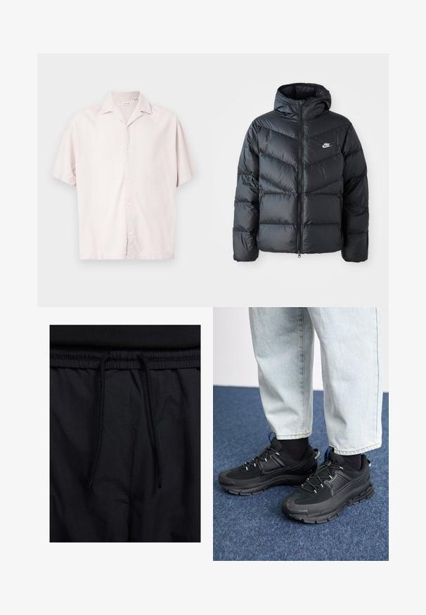 Giacca a vento nera con cappuccio, dotata di zip frontale, design a diamantini a zigzag, tasche laterali e logo Nike sul petto.; Camicia a maniche corte con bottoni in lino beige chiaro, con colletto classico, texture sottile e chiusura frontale con bottoni.; Shorts neri con vita regolabile tramite coulisse, tessuto leggero con una texture liscia e un design semplice senza loghi o motivi visibili.; Scarpe sportive nere con tessuto testurizzato e suole in gomma, dotate di lacci elastici e un accento blu sul tallone. Indossate con pantaloni in denim chiaro.