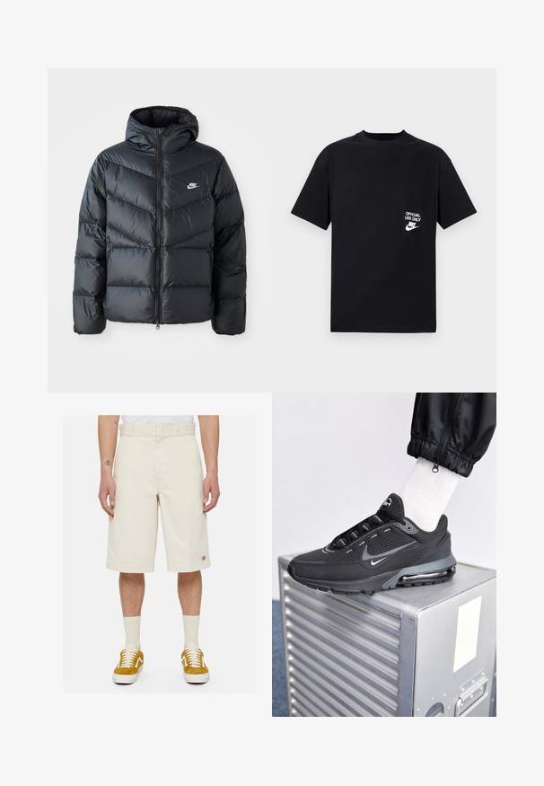 Chaqueta acolchada negra con capucha, con cierre de cremallera al frente, diseño de acolchado en forma de chevron, bolsillos laterales y logo de Nike en el pecho.; Camiseta de algodón negra con mangas cortas, cuello redondo, que presenta el texto blanco "USO OFICIAL SOLAMENTE" y el logo de Nike en el lado izquierdo del pecho.; Pantalones cortos de algodón beige con corte recto, frente plano y bolsillos laterales. Presenta un pequeño parche de logo cerca del dobladillo. Se usan con zapatillas amarillas.; Nike Sportswear PULSE - Zapatillas - black/anthracite