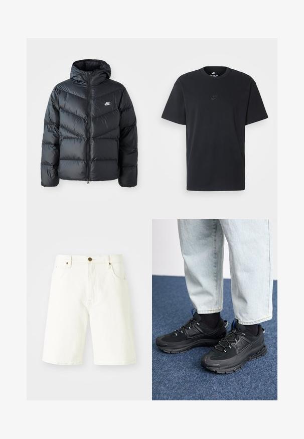 Juodas pūkinis švarkas su kapuce, su užtrauktuku priekyje, zigzaginiu siuvinėjimu, šoninėmis kišenėmis ir Nike logotipu ant krūtinės.; Juodas medvilninis Nike marškinėliai su klasikinėmis apykaklėmis, trumpomis rankovėmis ir subtiliu, įspaustu logotipu ant krūtinės. Sklandus tekstūra.; Balti džinsiniai šortai su tiesiu kirpimu, klasikinio penkių kišenių dizainu ir variniu mygtuko uždarymu. Lygus paviršius ir apdirbtos kraštinės.; Juodi sportiniai bateliai su tekstūruota medžiaga ir guminiais padais, su elastingomis raišteliais ir mėlynu akcentu ant kulno. Dėvimi su šviesiai mėlynomis džinsinėmis kelnėmis.