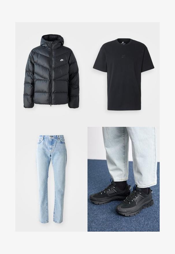 Črna pufast jakna z kapuco, z zadrgo spredaj, z vročenim chevron vzorcem, stranskimi žepi in logotipom Nike na prsih.; Nike črna bombažna majica z klasičnim okroglim izrezom, kratkimi rokavi in subtilnim, vtisnjenim logotipom na prsih. Gladka tekstura.; Svijetloplave traperice s ravnim nogavicama, s pet džepova i visokim strukom. Minimalno izbjeljivanje i bez vidljivih ukrasa.; Črne športne čevlje z teksturirano tkanino in gumijastimi podplati, ki imajo elastične vezalke ter modre poudarke na peti. Nosi se z lahkimi denim hlačami.