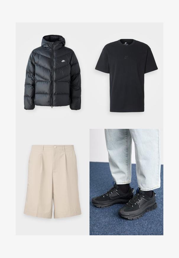 Svart puffjacka med huva, med blixtlås fram, chevronquiltat mönster, sidofickor och Nike-logotyp på bröstet.; Svart t-shirt i bomull från Nike med klassisk rund halsringning, korta ärmar och en diskret, präglad logotyp på bröstet. Slät textur.; Beige skräddarsydda shorts i lätt tyg, med en framknapp, två sidofickor och en veckdetalj framtill.; Svarta sportskor med texturerat tyg och gummisulor, med elastiska snörningar och en blå detalj på hälen. Bärs med ljusa jeans.