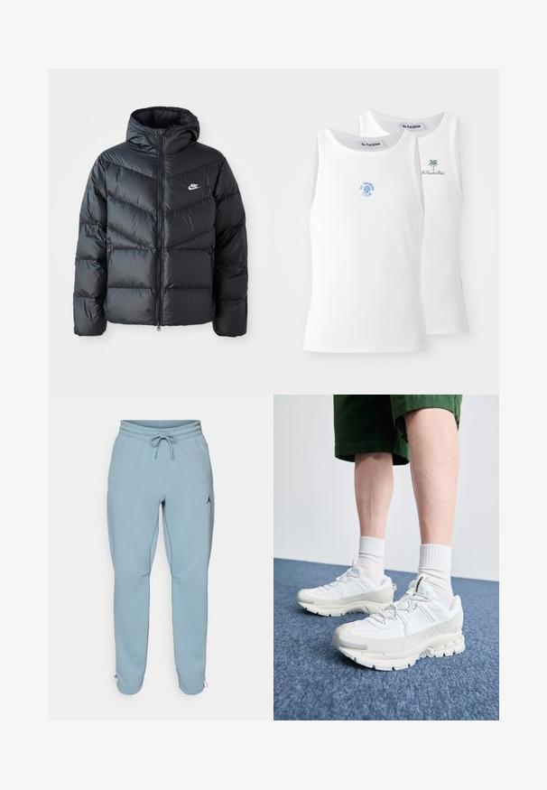 Juodas pūkinis švarkas su kapuce, su užtrauktuku priekyje, zigzaginiu siuvinėjimu, šoninėmis kišenėmis ir Nike logotipu ant krūtinės.; Du du baltos maikutės, su briaunotu tekstūru, puošiančios mėlynus ir žalius siuvinėtus logotipus. Viena turi saulės dizainą, kita - palmių.; Šviesiai mėlyni sportiniai džinsai, pagaminti iš minkštos medžiagos, su elastingu liemeniu ir raišteliu, šoninėmis kišenėmis ir mažuoju juodu logotipu ant šlaunies.; Baltos sportinės bateliai su tekstūruotais uždengimais, masyviu padu ir pilkais akcentais. Dėvimi su baltais trumpais kojiniais ir žaliais šortais mėlyname paviršiuje.