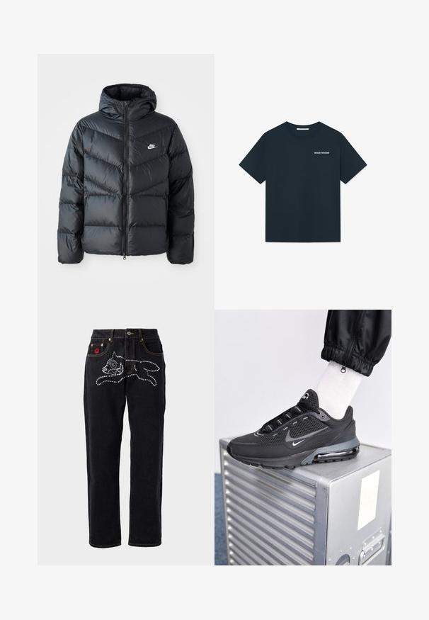 Czarna kurtka puchowa z kapturem, z zamkiem z przodu, w karoowy wzór, z bocznymi kieszeniami i logo Nike na piersi.; Czarny granatowy T-shirt wykonany z bawełny, z okrągłym dekoltem i krótkimi rękawami. Na lewej piersi znajduje się małe białe logo.; Czarne dżinsy z prostymi nogawkami, zdobione srebrnymi detalami w wzór, z kontrastowym przeszyciem oraz metką z logo na kieszeni.; Nike Sportswear PULSE czarny