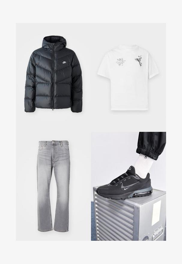 Giacca a vento nera con cappuccio, dotata di zip frontale, design a diamantini a zigzag, tasche laterali e logo Nike sul petto.; T-shirt in cotone bianco con stampa grafica nera di una figura alata e testo, con collo tondo e maniche corte.; Jeans in denim grigio con design a gamba dritta, sbiaditure sottili e stile classico a cinque tasche. Presentano una chiusura con bottone e cerniera.; Nike Sportswear PULSE - Sneakers basse - black/anthracite