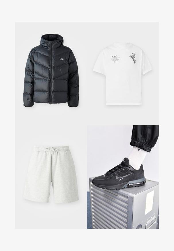 Doudoune noire avec capuche, avec fermeture éclair à l'avant, design matelassé en chevrons, poches latérales et logo Nike sur la poitrine.; T-shirt en coton blanc avec un imprimé graphique noir d'une figure ailée et du texte, avec un col rond et des manches courtes.; Shorts en coton gris clair avec une taille élastique, un cordon de serrage et des poches latérales. Texture douce, design longueur genoux.; Nike Sportswear PULSE - Baskets basses - black/anthracite