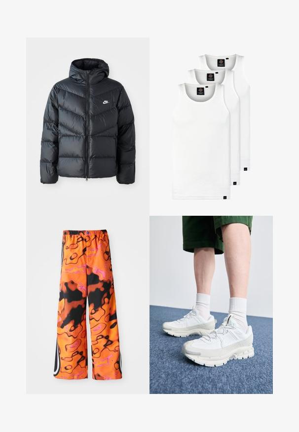 Zwarte pufferjack met capuchon, voorzien van een ritssluiting aan de voorkant, een chevron-quilt ontwerp, zijzakken en het Nike-logo op de borst.; Drie witte geribde tanktops van katoen. Kenmerken zijn een ronde hals en kleine zwarte labels nabij de zoom. Verkrijgbaar in meerdere maten.; Losse broek met een levendig oranje, zwart en roze abstract zwirlpatroon, elastische tailleband, zijstrepen en knoopsluiting.; Witte sportieve schoenen met textuuroverlays, een dikke zool en grijze accenten. Draag ze met witte crew-sokken en groene shorts op een blauwe ondergrond.