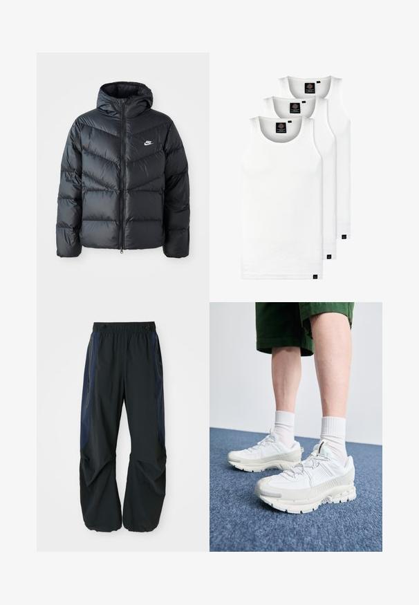 Černá péřová bunda s kapucí, která má zipový přední otvor, design s chevronovým prošíváním, boční kapsy a logo Nike na hrudi.; Tři bílé žebrované tílka vyrobené z bavlny. Mají kulatý výstřih a malé černé štítky poblíž lemu. Dostupné v několika velikostech.; Černé venkovní kalhoty s uvolněným střihem, které mají elastický pas, tmavě modré boční panely a zipové kapsy na obou stranách.; Bílé sportovní boty s texturovanými překryvy, masivní podrážkou a šedými akcenty. Na nohou mají bílé ponožky a zelené šortky na modrém povrchu.