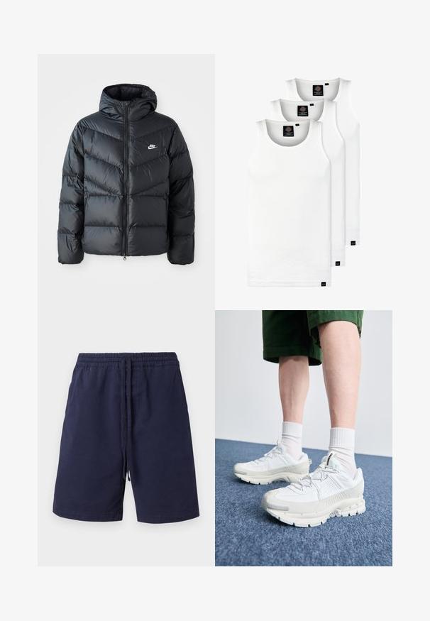 Černá péřová bunda s kapucí, která má zipový přední otvor, design s chevronovým prošíváním, boční kapsy a logo Nike na hrudi.; Tři bílé žebrované tílka vyrobené z bavlny. Mají kulatý výstřih a malé černé štítky poblíž lemu. Dostupné v několika velikostech.; Tmavě modré šortky vyrobené z bavlny, s elastickým pasem na šňůrku, bočními kapsami a rovnou nohavicovou siluetou. Bez vzorů.; Bílé sportovní boty s texturovanými překryvy, masivní podrážkou a šedými akcenty. Na nohou mají bílé ponožky a zelené šortky na modrém povrchu.