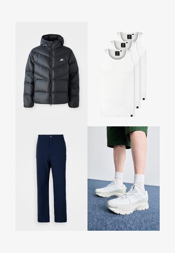 Sort dunjakke med hætte, der har lynlås foran, chevron quiltet design, sidelommer og Nike-logo på brystet.; Tre hvide ribbede tanktops lavet af bomuld. Har en rund hals og små sorte mærker nær sømmen. Fås i flere størrelser.; Marineblå lige benbukser med knap- og lynlåslukning, bæltestropper og ingen synlige lommer imod en hvid baggrund.; Hvide atletiske sko med teksturerede overlays, en chunky sål og grå accenter. Båret med hvide ankelstrømper og grønne shorts på en blå overflade.
