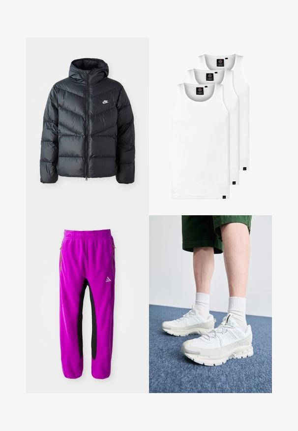 Melnā pūkaina jaka ar kapuci, ar rāvējslēdzēju priekšā, šķautņu šuvuma dizainu, sānu kabatām un Nike logotipu uz krūtīm.; Trīs baltas ribotas krūšturi, kas izgatavoti no kokvilnas. Iezīmēti ar apaļu kakla izgriezumu un maziem melniem etiķetēm tuvu apakšmalai. Pieejami vairākos izmēros.; Violet vilnas bikses ar melnām sānu akcentēm, ar kabatām ar rāvējslēdzēju un izšūtu logo. Elastīga jostasvieta, lai nodrošinātu drošu pielāgojumu.; Baltas sporta apavi ar teksturētām detaļām, masīvu zoli un pelēkiem akcentiem. Valkāti ar baltiem zeķu pēdu apģērbiem un zaļām šortiem uz zilas virsmas.