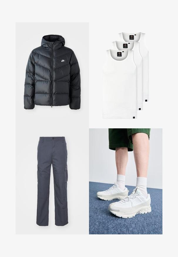 Czarna kurtka puchowa z kapturem, z zamkiem z przodu, w karoowy wzór, z bocznymi kieszeniami i logo Nike na piersi.; Trzy białe prążkowane koszulki na ramiączkach wykonane z bawełny. Posiadają okrągły dekolt i małe czarne metki blisko dolnego brzegu. Dostępne w różnych rozmiarach.; Spodnie cargo w ciemnoszarym materiale, z szerokimi nogawkami, wieloma bocznymi kieszeniami oraz zapięciem na guzik w pasie. Gładka faktura i solidna konstrukcja.; Białe buty sportowe z teksturowanymi nakładkami, masywną podeszwą i szarymi akcentami. Nosi się je z białymi skarpetami do kostek i zielonymi szortami na niebieskiej powierzchni.
