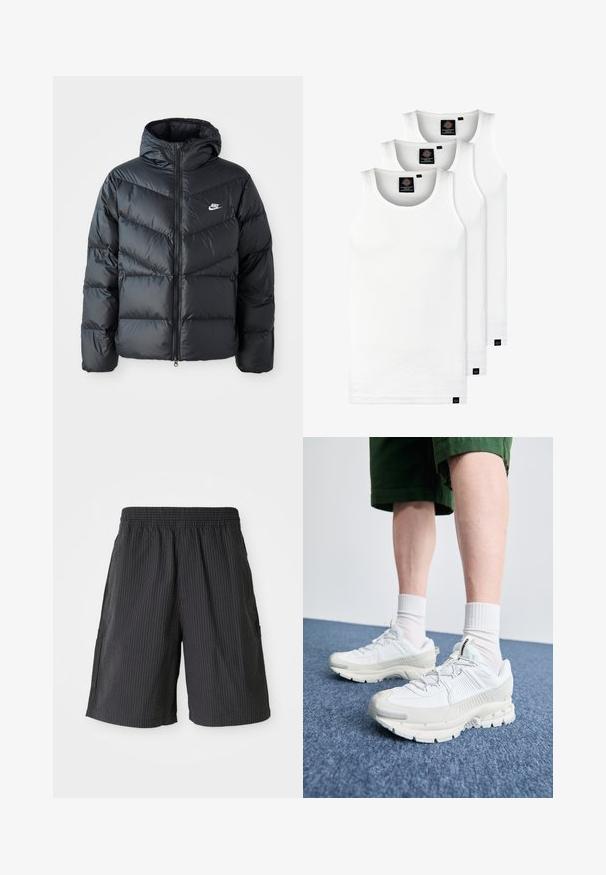 Fekete puffdzseki kapucnival, cipzáras elülső résszel, chevron quiltelt dizájnnal, oldalsó zsebekkel és Nike logóval a mellkasán.; Három fehér csíkos pamut trikó. Felső része kerek nyakkivágású, és a szegély közelében kis fekete címkék találhatók. Több méretben elérhető.; Fekete térdnél rövidebb, texturált, bordázott dizájnnal készült rövidnadrág, gumírozott derékpánttal és két oldalsó zsebbel. Lazább stílusú.; Fehér sportcipők texturált burkolattal, vastag talppal és szürke részletekkel. Fehér sportzoknival és zöld rövidnadrággal viselve, kék felületen.
