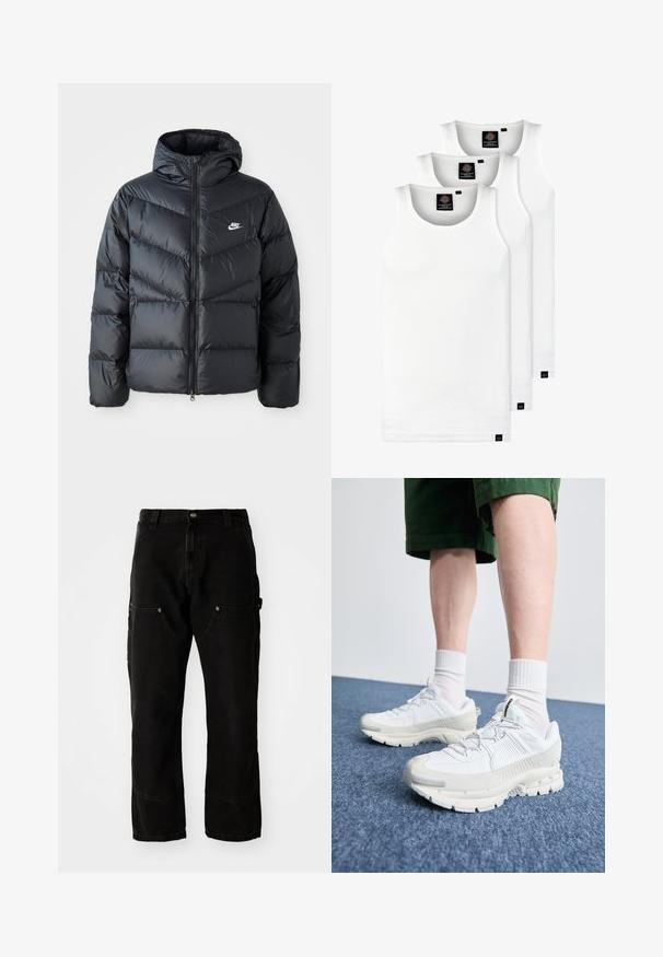 Černá péřová bunda s kapucí, která má zipový přední otvor, design s chevronovým prošíváním, boční kapsy a logo Nike na hrudi.; Tři bílé žebrované tílka vyrobené z bavlny. Mají kulatý výstřih a malé černé štítky poblíž lemu. Dostupné v několika velikostech.; Černé denimové cargo kalhoty s volným střihem, které mají dvě přední kapsy, boční kapsy a viditelné švy.; Bílé sportovní boty s texturovanými překryvy, masivní podrážkou a šedými akcenty. Na nohou mají bílé ponožky a zelené šortky na modrém povrchu.