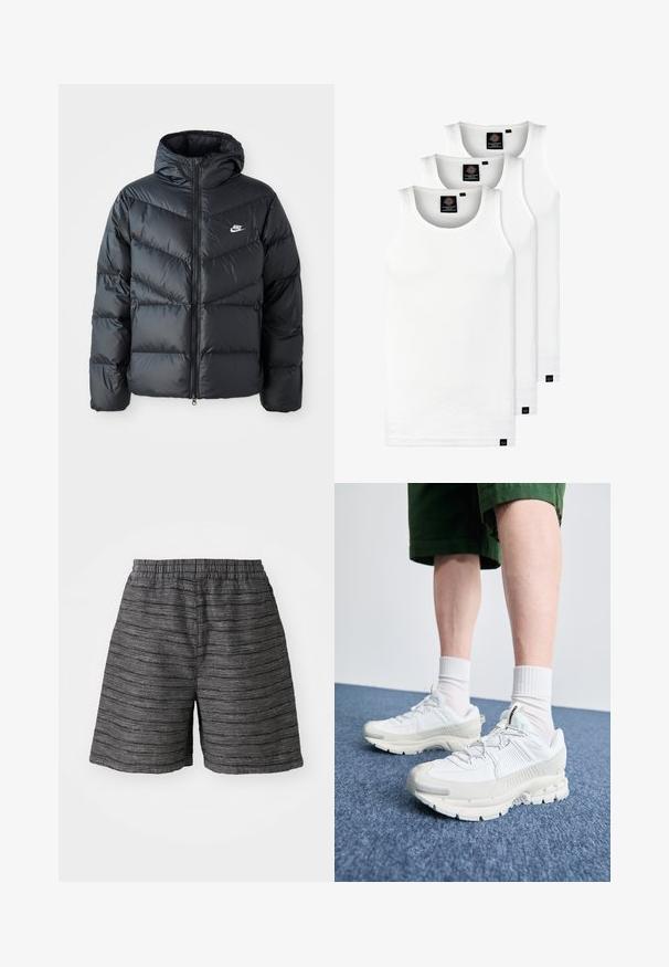Czarna kurtka puchowa z kapturem, z zamkiem z przodu, w karoowy wzór, z bocznymi kieszeniami i logo Nike na piersi.; Trzy białe prążkowane koszulki na ramiączkach wykonane z bawełny. Posiadają okrągły dekolt i małe czarne metki blisko dolnego brzegu. Dostępne w różnych rozmiarach.; Szare szorty z elastycznym pasem, wykonane z materiału o teksturowanej powierzchni z poziomymi paskami. Długość do połowy uda i luźny krój.; Białe buty sportowe z teksturowanymi nakładkami, masywną podeszwą i szarymi akcentami. Nosi się je z białymi skarpetami do kostek i zielonymi szortami na niebieskiej powierzchni.