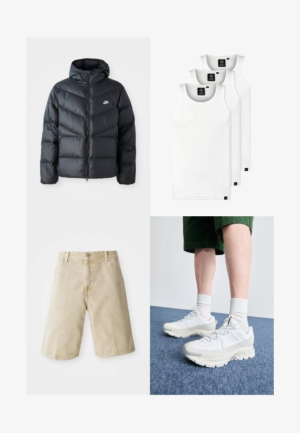 Giacca a vento nera con cappuccio, dotata di zip frontale, design a diamantini a zigzag, tasche laterali e logo Nike sul petto.; Tre canotte bianche a coste in cotone. Presentano un colletto rotondo e piccole etichette nere vicino all'orlo. Disponibile in diverse taglie.; Pantaloni di jeans beige a taglio dritto, con cinque tasche, chiusura frontale con bottone e zip, e una leggera scoloritura sul tessuto.; Scarpe da ginnastica bianche con sovrapposizioni testurizzate, suola spessa e accenti grigi. Indossate con calze corte bianche e pantaloni corti verdi su una superficie blu.