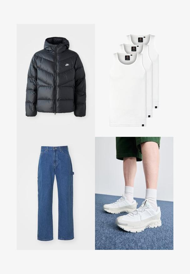 Chaqueta acolchada negra con capucha, con cierre de cremallera al frente, diseño de acolchado en forma de chevron, bolsillos laterales y logo de Nike en el pecho.; Tres camisetas sin mangas de algodón de color blanco con canalé. Cuentan con cuello redondo y pequeñas etiquetas negras cerca del dobladillo. Disponibles en múltiples tamaños.; Jeans de mezclilla azul en un corte relajado con pierna recta, que cuentan con bolsillos delanteros y traseros y un cierre de botón en la cintura.; Zapatillas deportivas blancas con superposiciones texturizadas, una suela gruesa y acentos grises. Llevadas con calcetines blancos hasta la pantorrilla y pantalones cortos verdes sobre una superficie azul.
