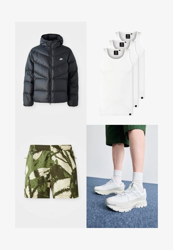 Juodas pūkinis švarkas su kapuce, su užtrauktuku priekyje, zigzaginiu siuvinėjimu, šoninėmis kišenėmis ir Nike logotipu ant krūtinės.; Trys balti, dryžuoti marškiniai be rankovių, pagaminti iš medvilnės. Yra apvalus kaklas ir maži juodi etiketės netoli siūlės. Siūlomi įvairių dydžių.; Žalios ir smėlio spalvos maudymosi šortai su kaktusų raštu, elastinga juostos dalimi, raišteliu ir šoninėmis kišenėmis. Patvari medžiaga su tekstūruotu paviršiumi.; Baltos sportinės bateliai su tekstūruotais uždengimais, masyviu padu ir pilkais akcentais. Dėvimi su baltais trumpais kojiniais ir žaliais šortais mėlyname paviršiuje.