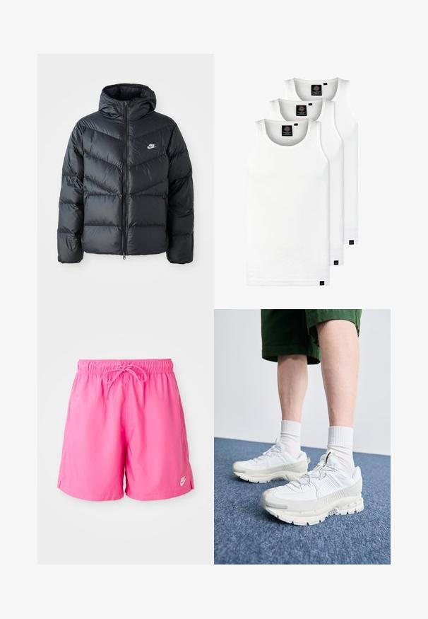 Černá péřová bunda s kapucí, která má zipový přední otvor, design s chevronovým prošíváním, boční kapsy a logo Nike na hrudi.; Tři bílé žebrované tílka vyrobené z bavlny. Mají kulatý výstřih a malé černé štítky poblíž lemu. Dostupné v několika velikostech.; Růžové sportovní šortky s elastickým pasem a šňůrkou. Vyrobeny z lehkého materiálu, s bočními rozparky a malým logem.; Bílé sportovní boty s texturovanými překryvy, masivní podrážkou a šedými akcenty. Na nohou mají bílé ponožky a zelené šortky na modrém povrchu.